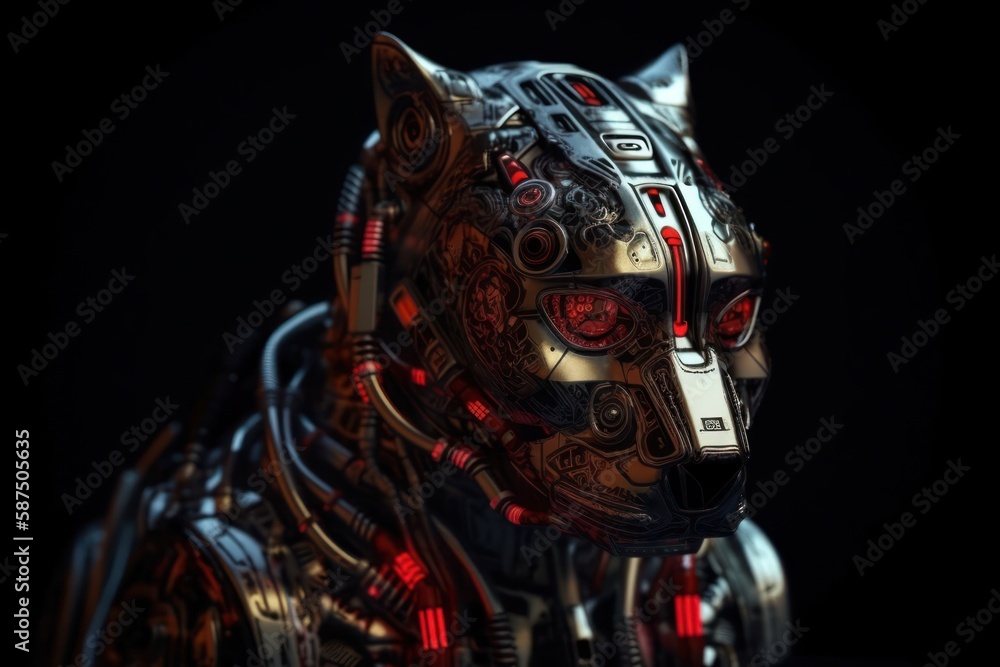 Poster red seal mechanized robotic creature on black background generative ai
