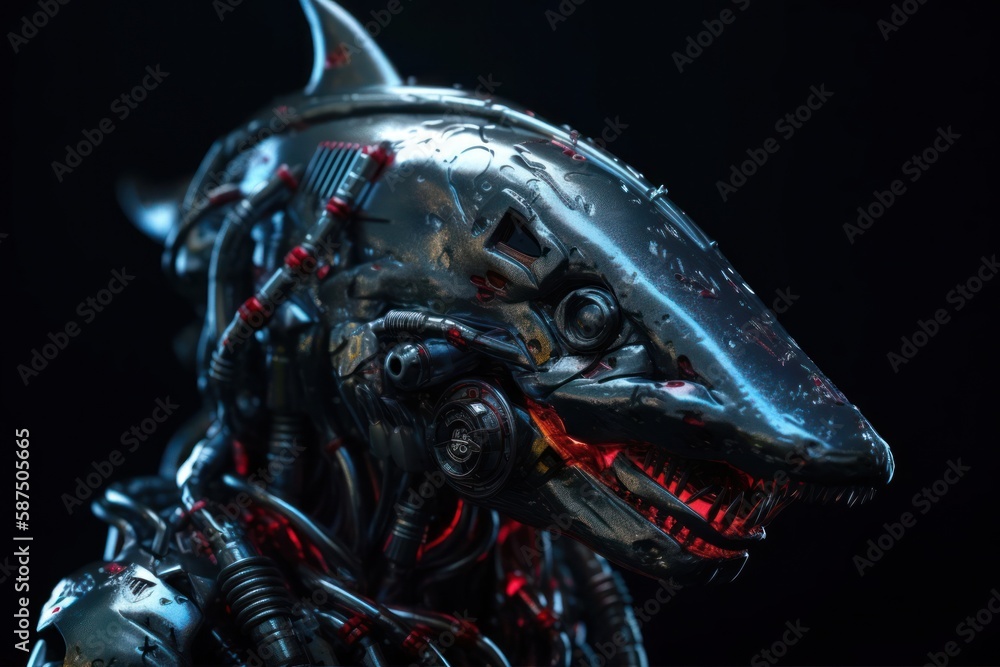 Poster red shark cyber robot on black background generative ai