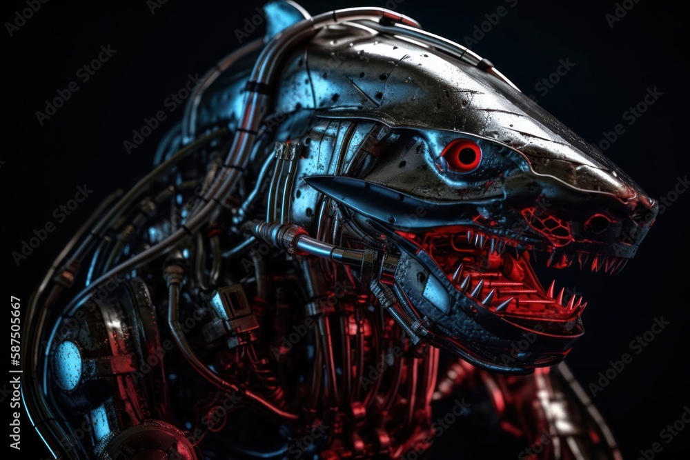 Poster red shark electronic robot with copyspace generative ai