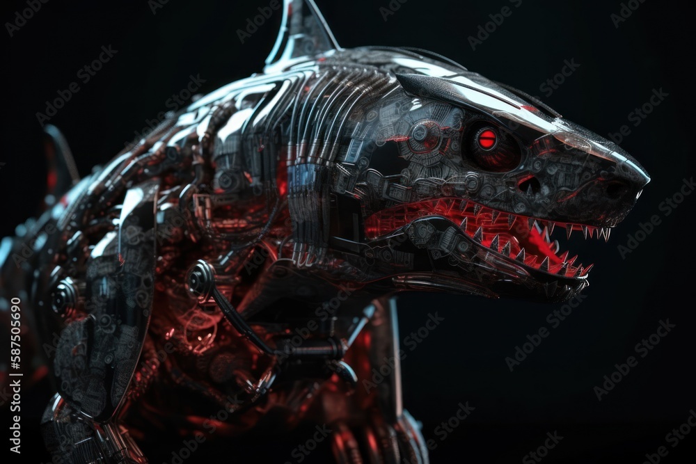 Poster red shark futuristic robotic creature with copyspace generative ai