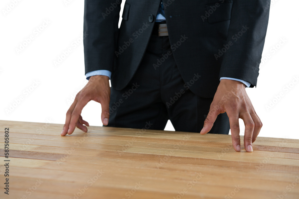 Poster close up of businessman gesturing while standing at table