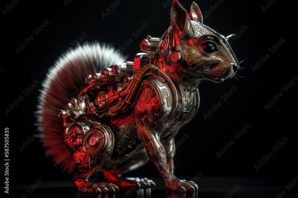 Poster red squirrel futuristic robotic creature portrait generative ai