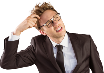 Young geeky businessman scratching his head
