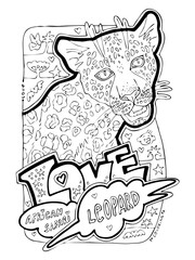 African safari wild animals, colouring page for kids and adults. Hand drawn contour line illustration for coloring, One of set collection designed for book.