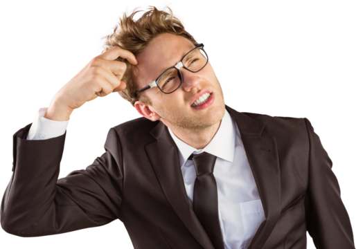 Young geeky businessman scratching his head