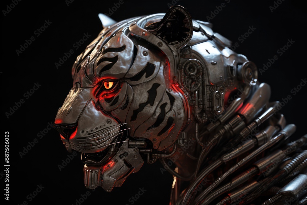 Poster red tigerfuturistic robotic creature with copyspace generative ai
