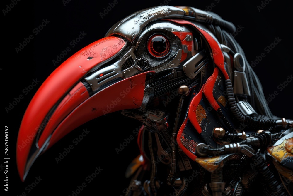 Poster red toucan electronic robot portrait generative ai
