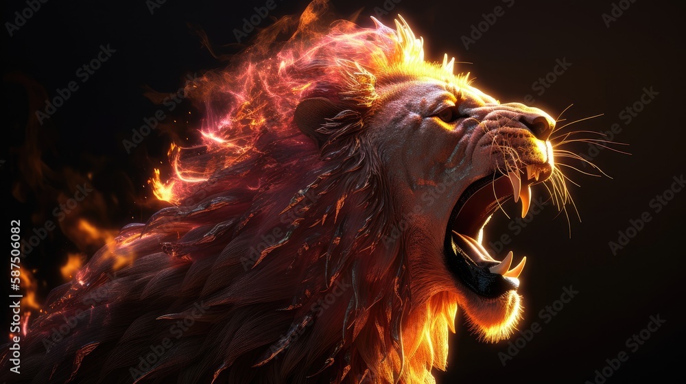 Wall mural roaring mighty fantasy lion of fire. created with generative ai.