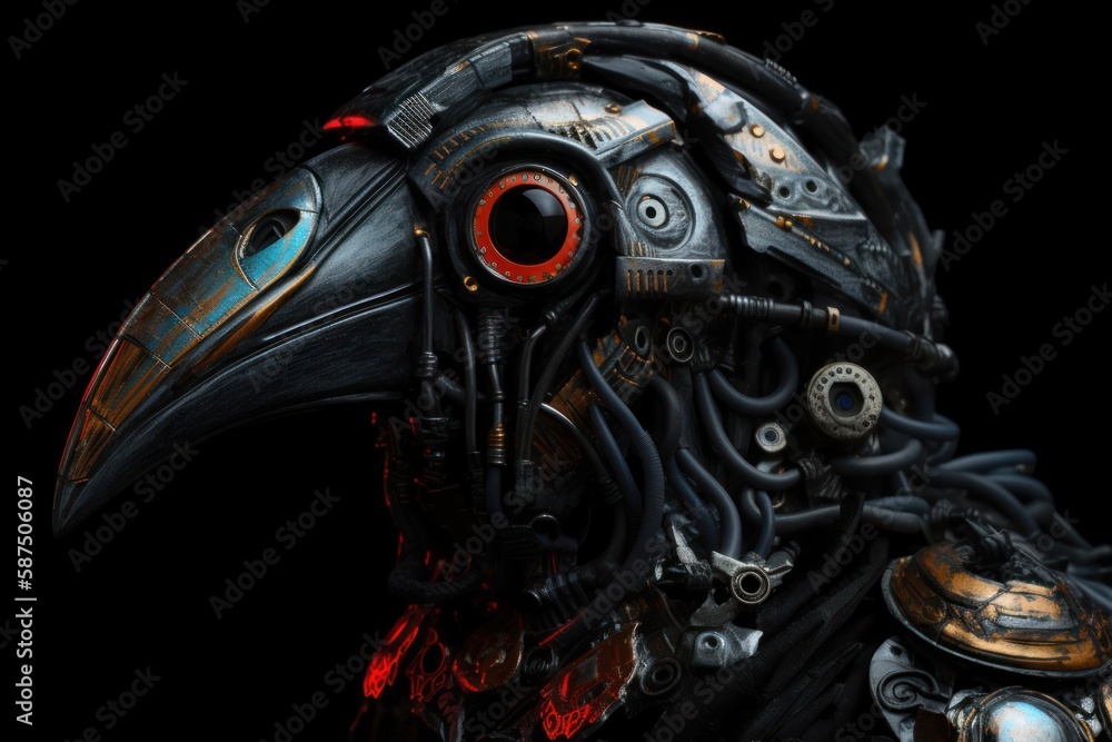 Poster red toucan futuristic robot portrait generative ai