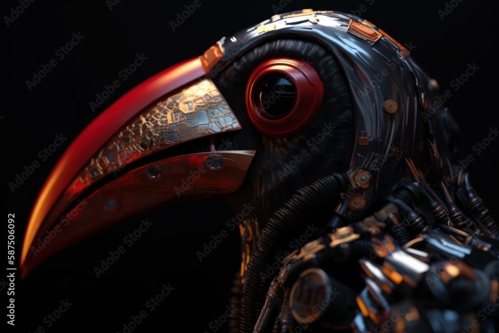 Aufkleber red toucan robotic creature on black background generative ai