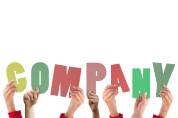 Colorful alphabet spelling company held up by people