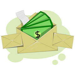 A simple vector of money in an envelope. A cream-colored envelope vector containing several bills inside. Money from gifts or payday money
