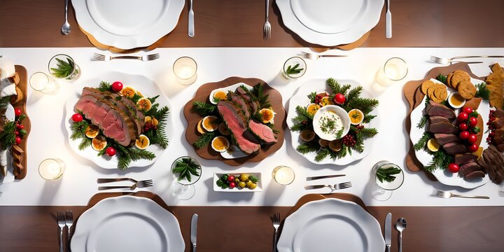 Photo of a table set with plates of delicious food and shining silverware