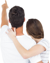 Rear view of couple embracing and pointing