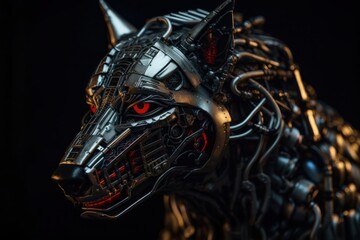 Red Wolf Futuristic Robot On Black Background Generative AI