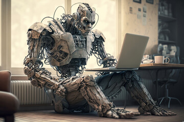 Fictional humanoid type robot using laptop computer in his room in an old apartment. Chillout, holiday, technology concept. typing computer keyboard. Made with Generative AI