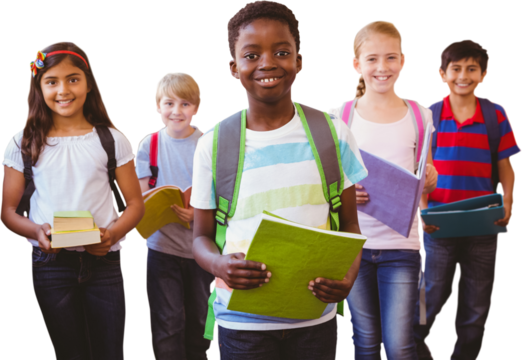 Smiling little school kids in school corridor