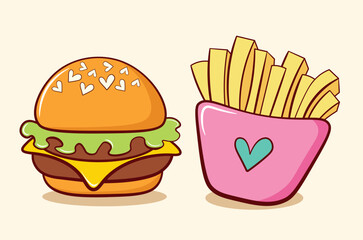 Kawaii hamburger and fries vector