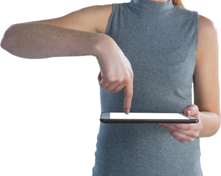 Mid section of businesswoman using digital tablet
