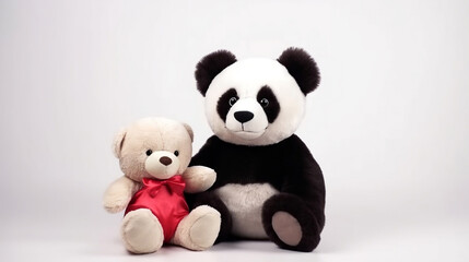 A cute adorable black and white panda holding a cute teddy bear, mothers day banner.