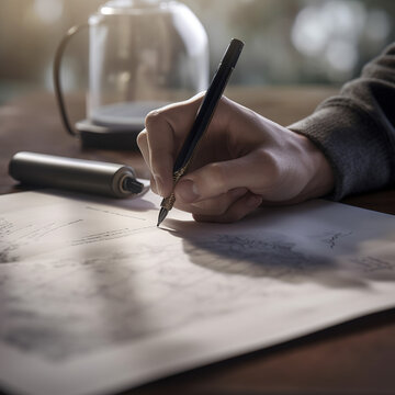 Signing a document with a pen, writing and sketches on the paper, generative AI