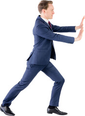 A businessman pushing something