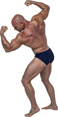 Powerful bald bodybuilder flexing muscles