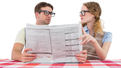 Geeky hipster couple reading newspaper