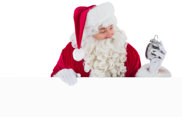 Happy santa holding alarm clock and sign