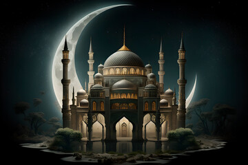 Fototapeta premium An Islamic mosque at night with a crescent moon behind the mosque, Generative ai