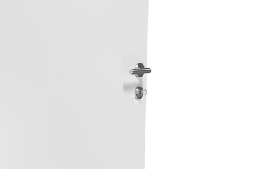 Closeup of white door with metal doorknob and lock
