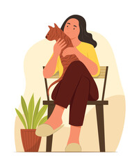 Young Woman Hugging Cat and Sitting on Chair for Relaxing