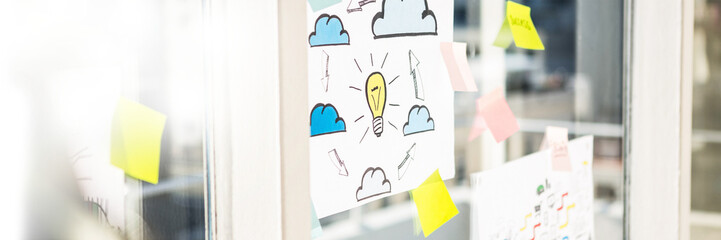 Charts and notes on glass wall in office