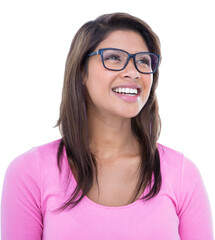 Cheerful woman wearing geek glasses looking away