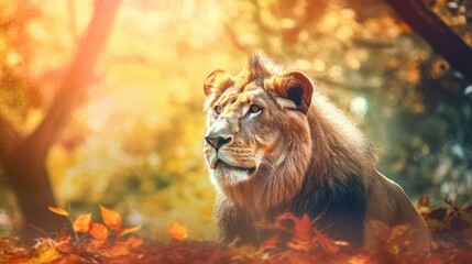 lion in the forest watercolor style. Created with generative AI.