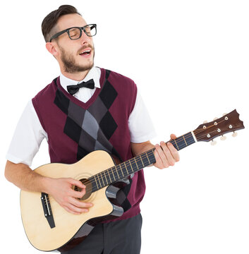 Geeky hipster playing guitar and singing