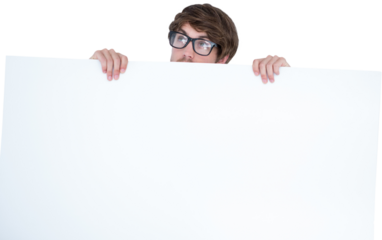 Man wearing geek glasses while holding billboard