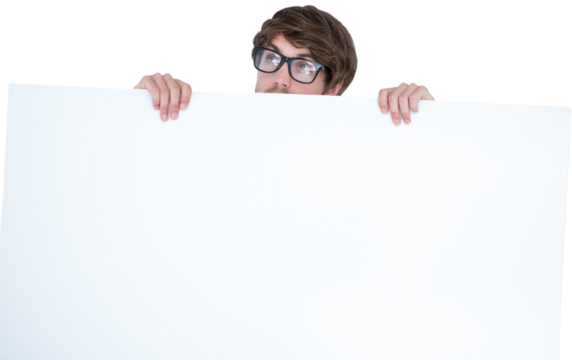 Man wearing geek glasses while holding billboard