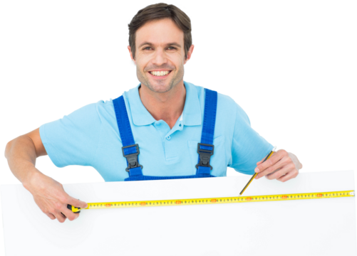 Happy carpenter measuring blank bill board - Powered by Adobe