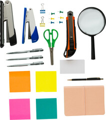 Various office stationery arranged