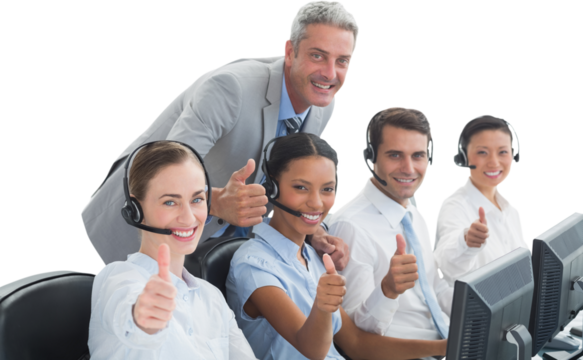 Colleagues with headsets using computers while gesturing thumbs up