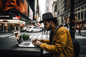 Man using a laptop in the middle of New York. Student or freelancer lifestyle. High quality generative ai