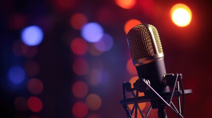 Studio Podcast Microphone on Blurry Neon Background. Generative AI