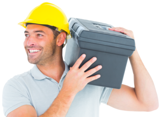 Handyman carrying toolbox on shoulder