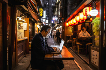 Asian man using a laptop in the middle of Tokio. Street lifestyle. High quality generative ai