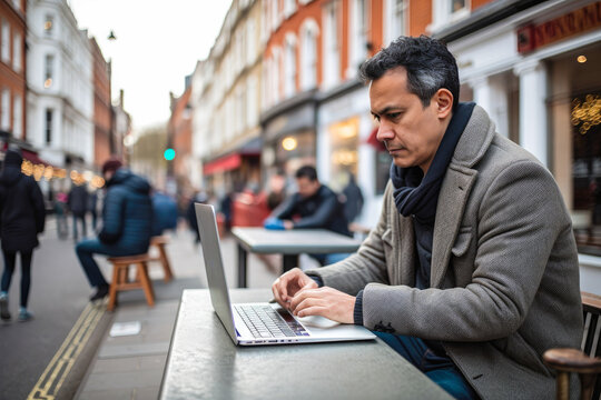 Man using a laptop in the middle of London. Student or freelancer lifestyle. High quality generative ai