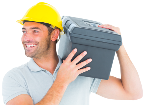 Handyman carrying toolbox on shoulder