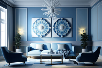 A modern living room with a comfortable sofa and blue wall. Generative AI interior design