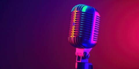Studio Podcast Microphone on Gradient Neon Background. Generative AI