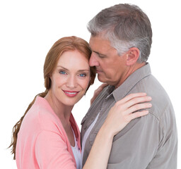 Casual couple hugging and smiling